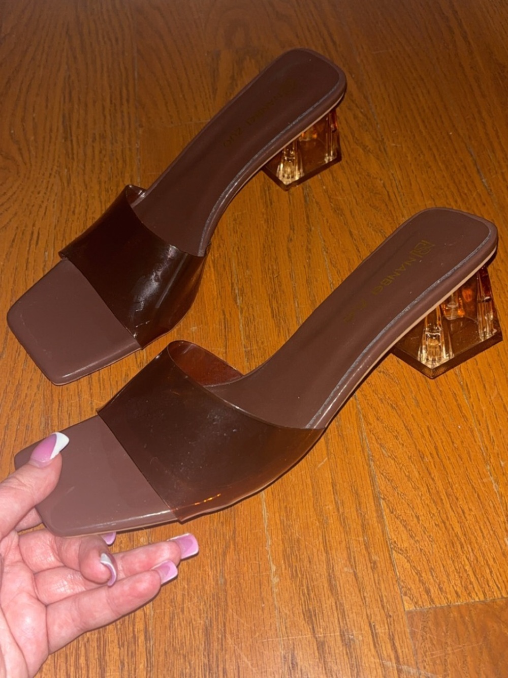 Women's Brown Clear Strap Block Heel Slide